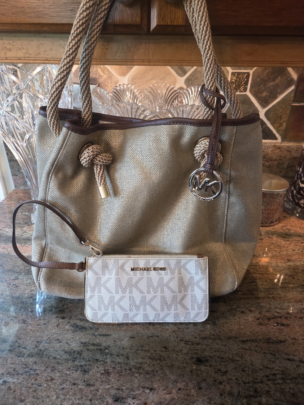 Michael Kors Gold Shimmer Canvas Bag with Matching MK Wristlet